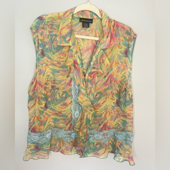 Metro Style Y2K Lace Ruffle Sleeveless Colorful Blouse 20 - Picture 3 of 6
